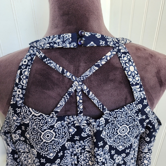 Iz Byer Blouse Top Womens Multi Floral Cold Shoulder Sleeve Halter Neck Blue S - Picture 6 of 11